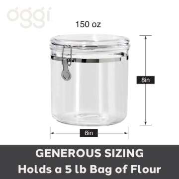 OGGI Jumbo Clear Canister with Clamp Lid, 150 oz - Airtight Food Storage Container, for Kitchen & Pantry Storage of Bulk, Dry Foods Including Pasta, Flour, Sugar, Coffee, Rice, Tea, Spices & Herbs