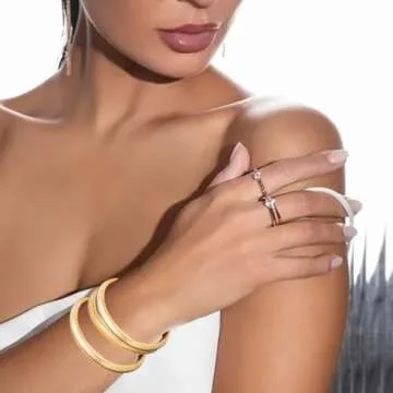 Xyulaan 6 Pcs Gold Bangle Bracelets for Women, Chunky Stack Gold Plated Stretch Bracelet Jewelry Non-Tarnish, Flexible Trendy Designer Look Alike Jewelry Wristband Link Chain Cuff Bracelets