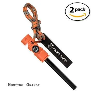 Swiss Safe 5-in-1 Magnesium Ferro Rod Fire Starter Survival Tool - Flint & Steel Striker, Compass, P...