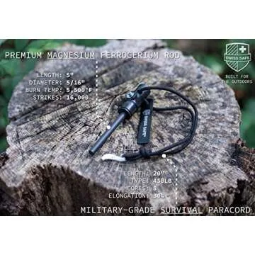 Swiss Safe 5-in-1 Magnesium Ferro Rod Fire Starter Survival Tool - Flint & Steel Striker, Compass, Paracord & Whistle - Emergency Kit for Backpacking, Camping, Hiking - All-Weather - Orange, 2-Pack