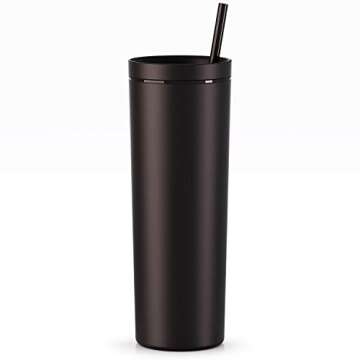 Maars Skinny Acrylic Tumbler with Lid and Straw | 18oz Premium Insulated Double Wall Plastic Reusable Cups - Matte Black, 8 Pack