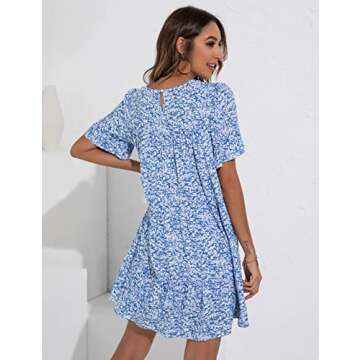 Locachy Women's Summer Round Neck Ruffle Sleeves Mini Dress Floral Printed Pleated Dress