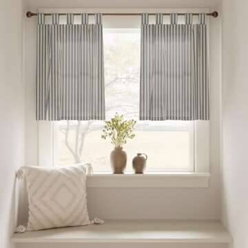 jinchan Tab Top Linen Kitchen Curtains 24 Inch Striped Tier Curtains Ticking Stripe Small Drapes for Living Room Bathroom Cafe Small Window Farmhouse Rustic Pinstripe Rod Pocket 2 Panels Blue