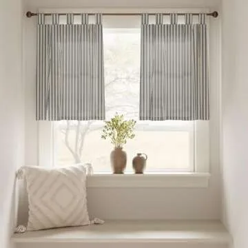 jinchan Tab Top Linen Kitchen Curtains 24 Inch Striped Tier Curtains Ticking Stripe Small Drapes for Living Room Bathroom Cafe Small Window Farmhouse Rustic Pinstripe Rod Pocket 2 Panels Blue
