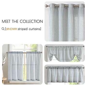 jinchan Tab Top Linen Kitchen Curtains 24 Inch Striped Tier Curtains Ticking Stripe Small Drapes for Living Room Bathroom Cafe Small Window Farmhouse Rustic Pinstripe Rod Pocket 2 Panels Blue