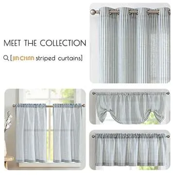 jinchan Tab Top Linen Kitchen Curtains 24 Inch Striped Tier Curtains Ticking Stripe Small Drapes for Living Room Bathroom Cafe Small Window Farmhouse Rustic Pinstripe Rod Pocket 2 Panels Blue