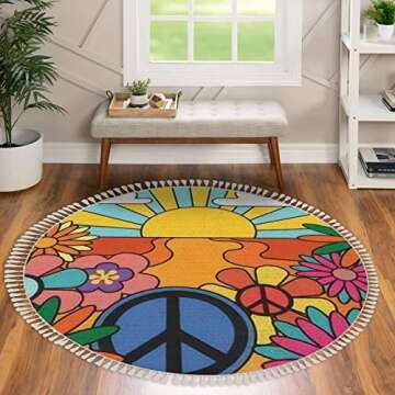 OUVNWLRE Round Fringe Shag Rugs 70s Groovy Retro Sunshine and Flowers Print with Sign Vintage Hippie...