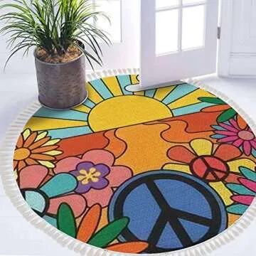 OUVNWLRE Round Fringe Shag Rugs 70s Groovy Retro Sunshine and Flowers Print with Sign Vintage Hippie Boho Circle Throw Area Rug Kids Girl Room Decor Carpet Tassels for Powder Nursery Playroom, 4'