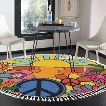 OUVNWLRE Round Fringe Shag Rugs 70s Groovy Retro Sunshine and Flowers Print with Sign Vintage Hippie Boho Circle Throw Area Rug Kids Girl Room Decor Carpet Tassels for Powder Nursery Playroom, 4'