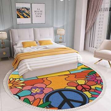 OUVNWLRE Round Fringe Shag Rugs 70s Groovy Retro Sunshine and Flowers Print with Sign Vintage Hippie Boho Circle Throw Area Rug Kids Girl Room Decor Carpet Tassels for Powder Nursery Playroom, 4'