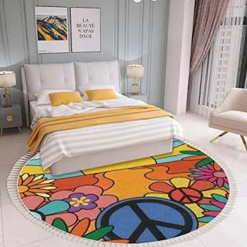 OUVNWLRE Round Fringe Shag Rugs 70s Groovy Retro Sunshine and Flowers Print with Sign Vintage Hippie Boho Circle Throw Area Rug Kids Girl Room Decor Carpet Tassels for Powder Nursery Playroom, 4'