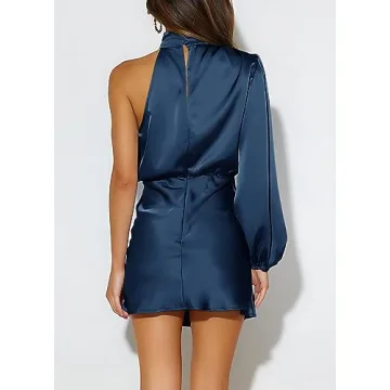 Ferlema Women's Satin Cocktail Dresses Mock Neck One Shoulder Long Sleeve High Waist Wedding Guest Mini Dress Navy Blue Small