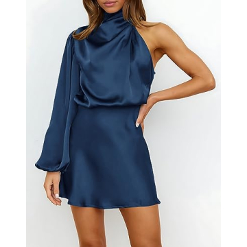 Ferlema Women's Satin Cocktail Dresses Mock Neck One Shoulder Long Sleeve High Waist Wedding Guest Mini Dress Navy Blue Small