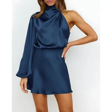 Ferlema Women's Satin Cocktail Dresses Mock Neck One Shoulder Long Sleeve High Waist Wedding Guest Mini Dress Navy Blue Small