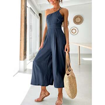 ANRABESS Women's Summer Straps One Shoulder High Waist Dressy Casual Wide Leg Linen Jumpsuit Romper ...