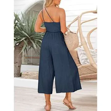 ANRABESS Women's Summer Straps One Shoulder High Waist Dressy Casual Wide Leg Linen Jumpsuit Romper Beach Travel Outfits Navy Blue X-Large