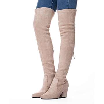 N.N.G Women Over the Knee Boots Cream Sieze 9 Winter Suede Block Thigh High Stretch Chunky OTK Long Comfort Zipper Above knee Designer Ladies Pointed Toe