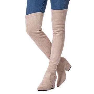 N.N.G Women Over the Knee Boots Cream Sieze 9 Winter Suede Block Thigh High Stretch Chunky OTK Long Comfort Zipper Above knee Designer Ladies Pointed Toe