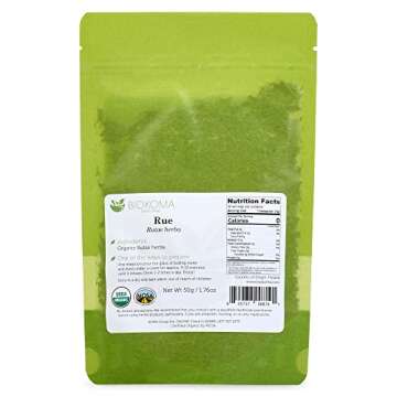 Biokoma Pure and Organic Rue Dried Herb 50g in Resealable Moisture Proof Pouch, USDA Certified Organ...