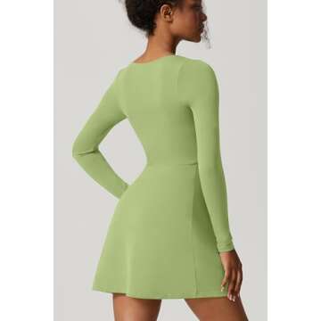 QINSEN Womens Square Neck Long Sleeve Side Slit Mini Dress for Party Club Night Out Green S