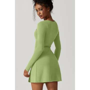 QINSEN Womens Square Neck Long Sleeve Side Slit Mini Dress for Party Club Night Out Green S