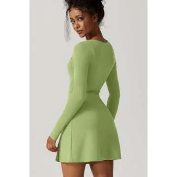 QINSEN Womens Square Neck Long Sleeve Side Slit Mini Dress for Party Club Night Out Green S