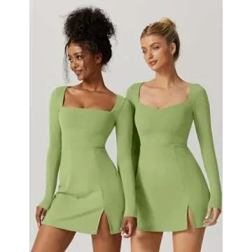 QINSEN Womens Square Neck Long Sleeve Side Slit Mini Dress for Party Club Night Out Green S