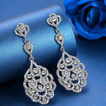 mecresh Wedding Teardrop Dangle Crystal Rhinestone Beaded Chandelier Silver Earrings for Women or Brides