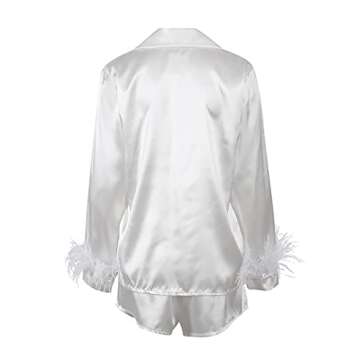Rmasyea Women Satin Pajamas Set 2pcs Silk Cami Shorts Nighwear Party Sleepwear with Feather Trim (White, Small)