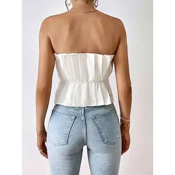 SweatyRocks Women's Strapless Pleated Tube Top Elegant Summer Flare Hem Crop Tank Tops White XS