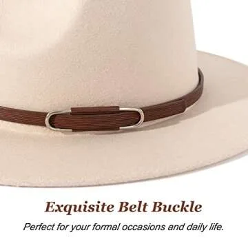 Lisianthus Women's Wide Brim Felt Fedora Retro Panama Hat with Belt Buckle (U-Shaped Buckle Creamy, M)