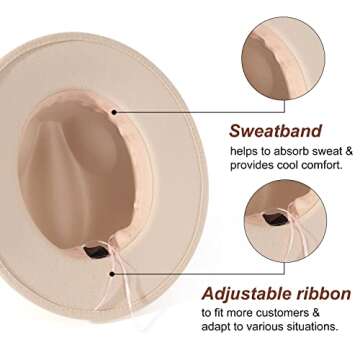 Lisianthus Women's Wide Brim Felt Fedora Retro Panama Hat with Belt Buckle (U-Shaped Buckle Creamy, M)
