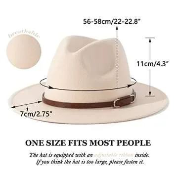 Lisianthus Women's Wide Brim Felt Fedora Retro Panama Hat with Belt Buckle (U-Shaped Buckle Creamy, M)