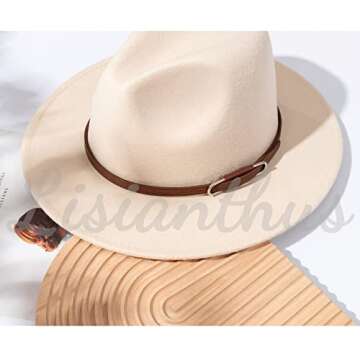 Lisianthus Women's Wide Brim Felt Fedora Retro Panama Hat with Belt Buckle (U-Shaped Buckle Creamy, M)