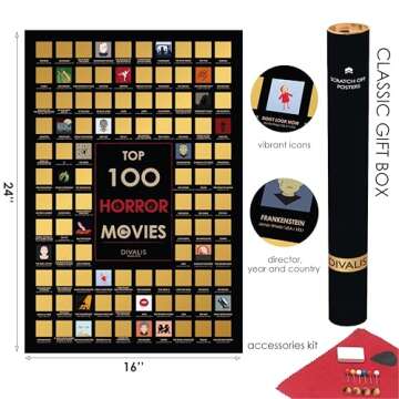 Top 100 Horror Movies Scratch off Poster - Large Cinema Scratchable Poster - Horrors of all Time Bucket List - Must See Movie Challenge - Essential Horrors Scratch off Calendars - Films to Watch
