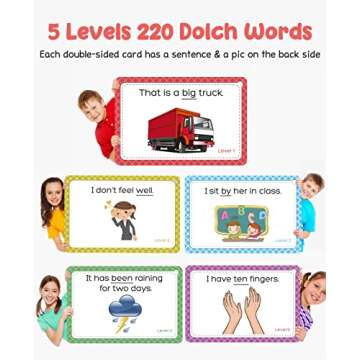 GAMENOTE Sight Words Kids Educational Flash Cards with Pictures & Sentences - 220 Dolch Big Word Games for Toddlers, Aged 3-9 Preschool Learning Activities(Pre K), Kindergarten, 1st, 2nd, 3rd Grade
