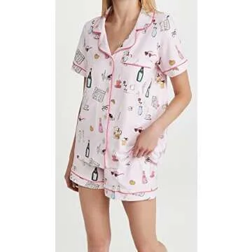 BedHead Pajamas Women's Let's Do Brunch Shorty PJ Set, Let's Do Brunch, Pink, Graphic, M