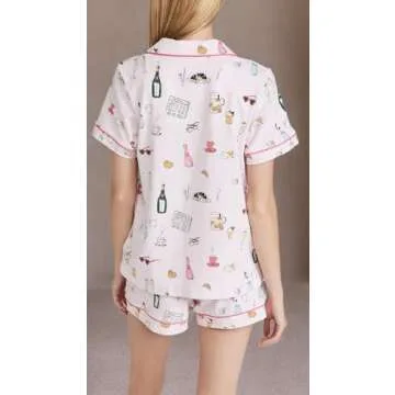 BedHead Pajamas Women's Let's Do Brunch Shorty PJ Set, Let's Do Brunch, Pink, Graphic, M