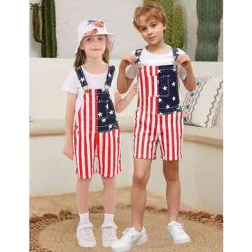 OeyFnbmO Kids 4th of July Outfit Boy American Flag Overall Girl Stretch Denim Jumpsuit USA Shorts wi...