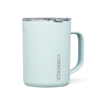 Corkcicle Triple Insulated Coffee Mug with Lid and Handle, Powder Blue, 16 oz – Stainless Steel Tr...