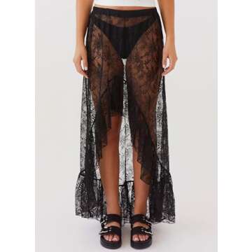 Cicy Bell Womens Lace Maxi Skirt Summer High Low Asymmetrical Sheer Y2K Sexy Beach Cover-up Long Ski...