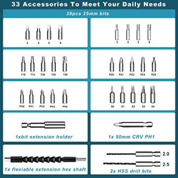 Rechargeable Kiprim 4V Electric Screwdriver with 33 Bits Set