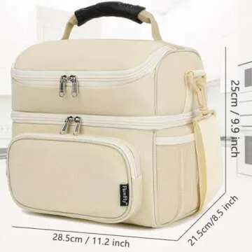 FlowFly Double Layer Cooler Insulated Lunch Bag Adult Lunch Box Large Tote Bag for Men, Women, with Adjustable Strap,Front Pocket and Dual Large Mesh Side Pockets,Biege