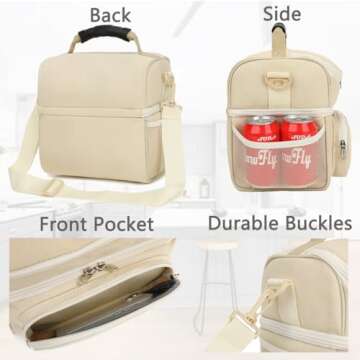 FlowFly Double Layer Cooler Insulated Lunch Bag Adult Lunch Box Large Tote Bag for Men, Women, with Adjustable Strap,Front Pocket and Dual Large Mesh Side Pockets,Biege