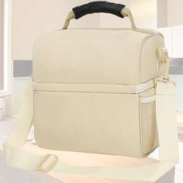 FlowFly Double Layer Cooler Insulated Lunch Bag Adult Lunch Box Large Tote Bag for Men, Women, with Adjustable Strap,Front Pocket and Dual Large Mesh Side Pockets,Biege