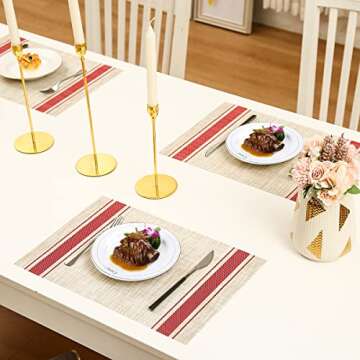 DACHUI Placemats Set of 6, Soft & Elegant Woven Vinyl Place Mats, Water Resistant, Heat Resistant, Washable, Durable Table Mats (Red Stripes)