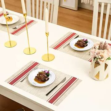 DACHUI Placemats Set of 6, Soft & Elegant Woven Vinyl Place Mats, Water Resistant, Heat Resistant, Washable, Durable Table Mats (Red Stripes)