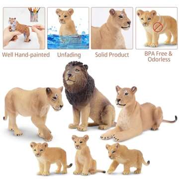 Toymany 6PCS Realistic Lion Figurines with Lion Cubs, 2-5" Jungle Animals Figures Family Set Includes Baby Lions, Educational Toy Cake Toppers Christmas Birthday Gift for Kids Toddlers