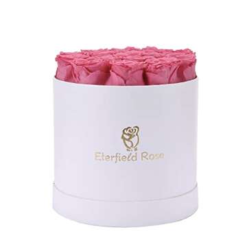 Eterfield 16-Piece Forever Flowers Preserved Rose in a Box Real Roses That Last a Year Preserved Flowers for Delivery Prime Mothers Day Valentines Day Christmas Day (Pink Roses, Round White Box)