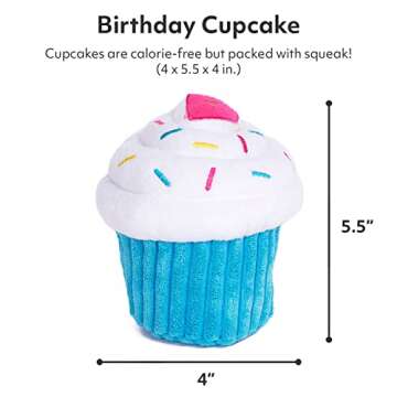 ZippyPaws Birthday Cupcake- Dog Squeaky Toys to Keep Them Busy, Funny Food Plush for Small, Medium, ...